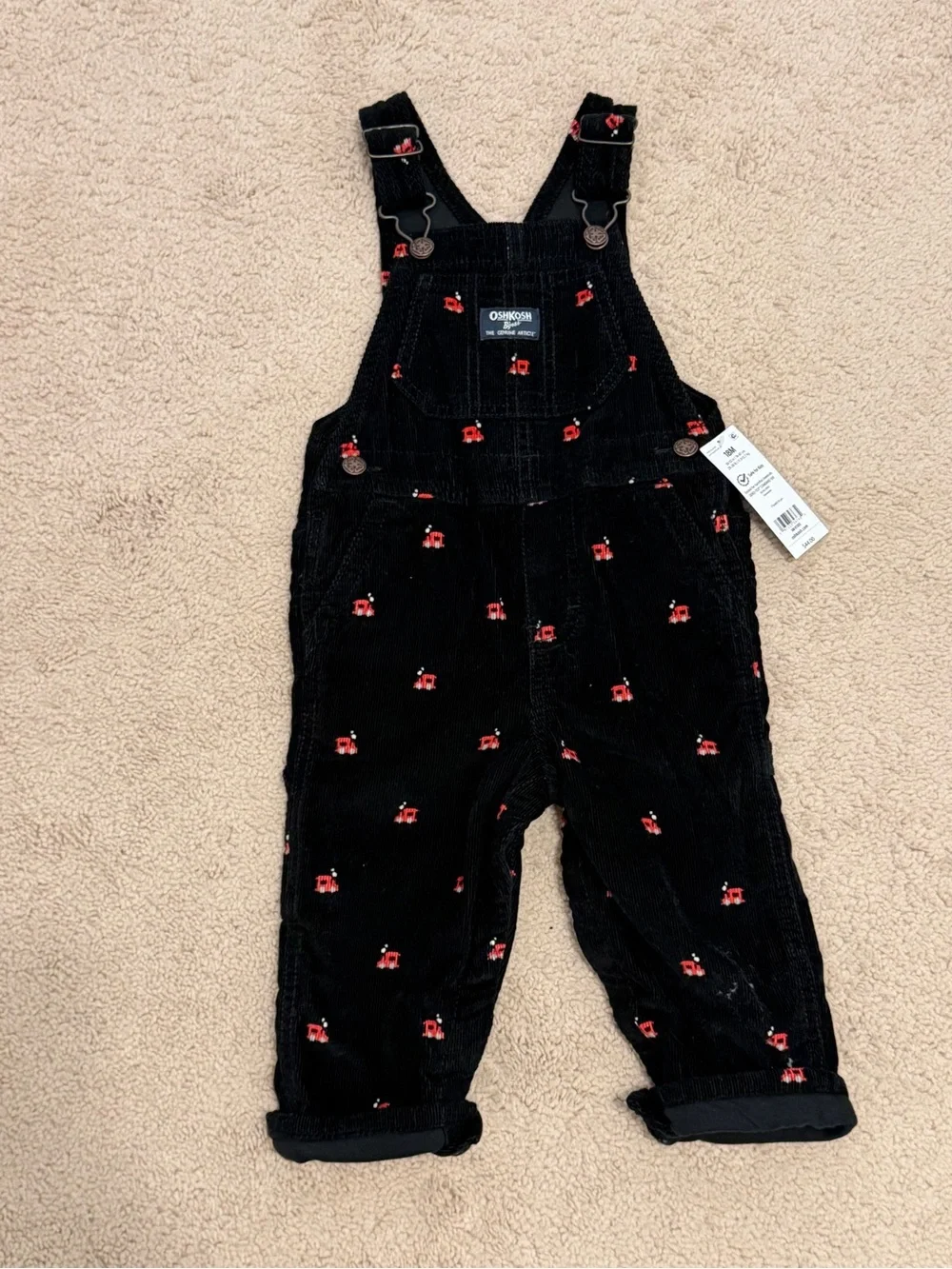 NWT - 18M - OshKosh B'gosh Black Corduroy Overalls with Red Train Motif